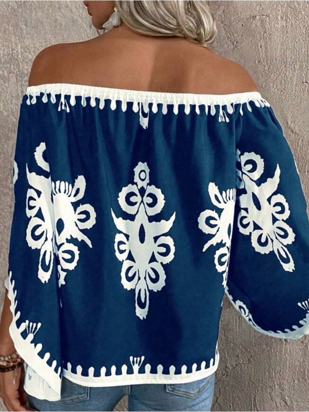 Blue Off-Shoulder Blouse with Vintage Print - Picture 3 of 3
